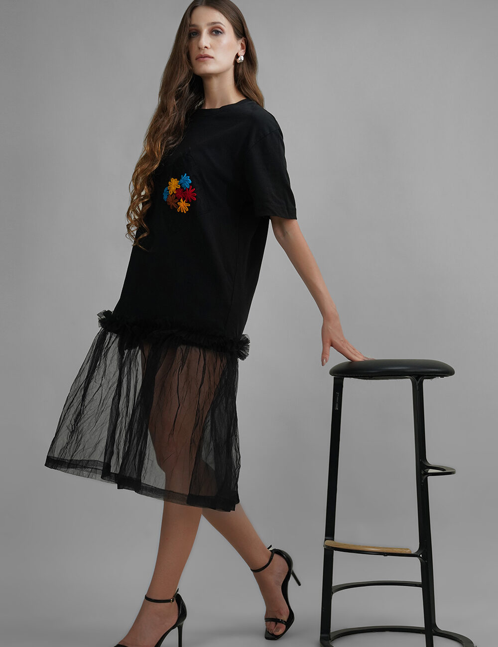 Oversized Cotton T-Shirt with Butterfly Net Hem & Hand Embroidered Pocket - Image 5