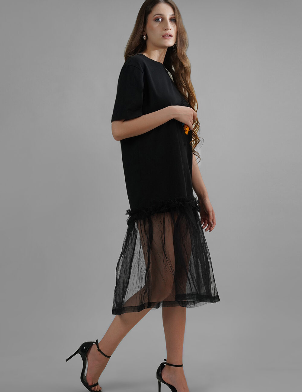 Oversized Cotton T-Shirt with Butterfly Net Hem & Hand Embroidered Pocket - Image 3