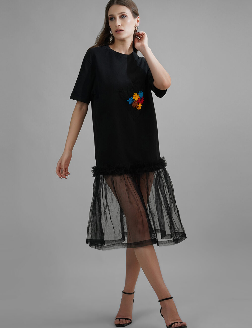 Oversized Cotton T-Shirt with Butterfly Net Hem & Hand Embroidered Pocket - Image 6