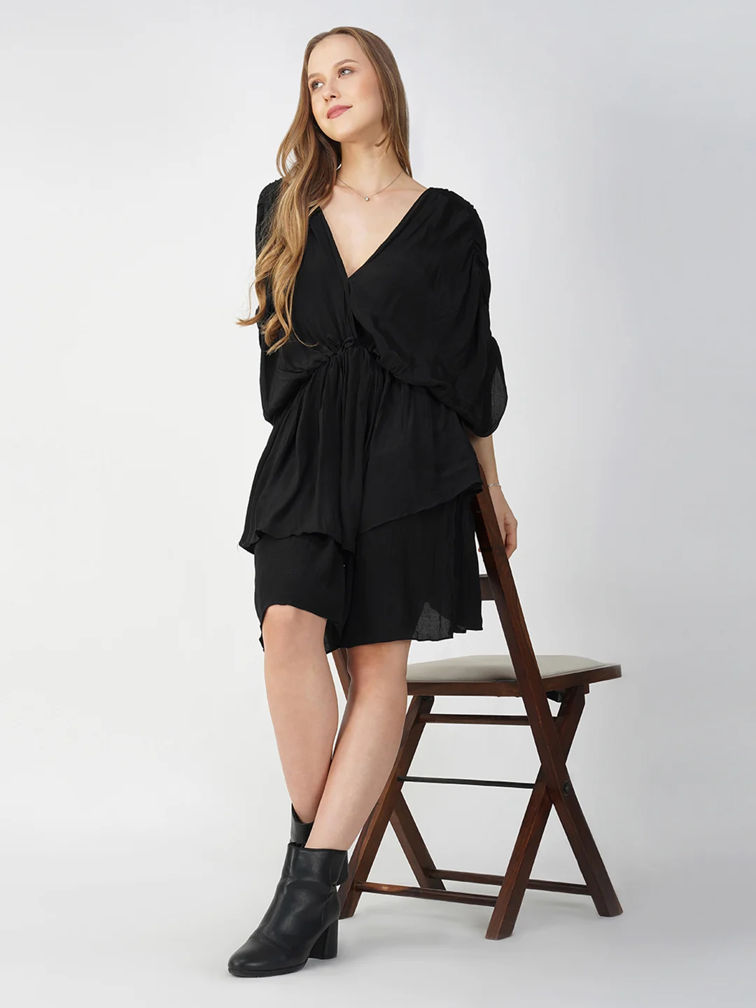 Black Adjustable V-Neck Flowy Dress in Natural Crepe - Image 2