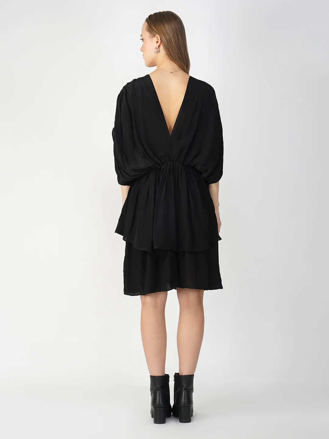 Black Adjustable V-Neck Flowy Dress in Natural Crepe - Image 3