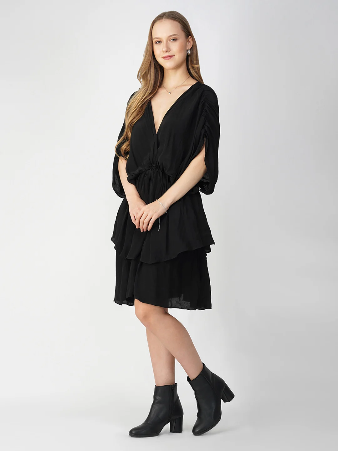 Black Adjustable V-Neck Flowy Dress in Natural Crepe - Image 6