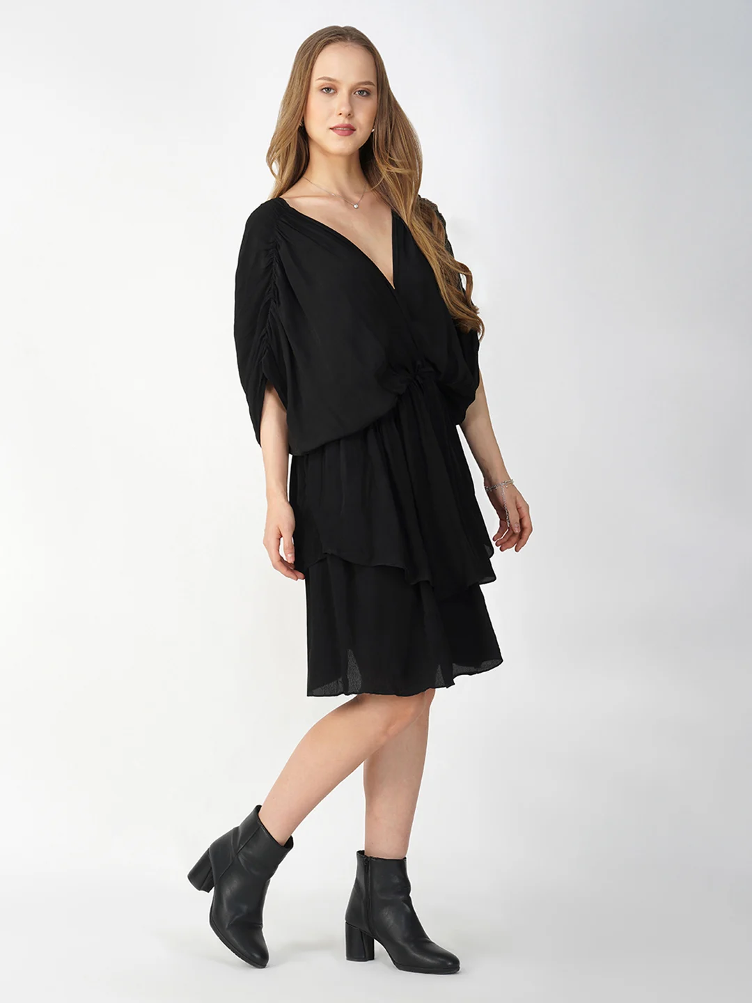 Black Adjustable V-Neck Flowy Dress in Natural Crepe - Image 7