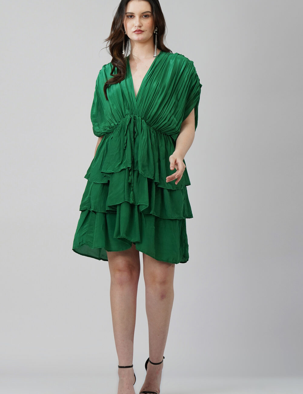 Emerald Green 3-Layered V-Neck Party Dress in Natural Crape - Image 5
