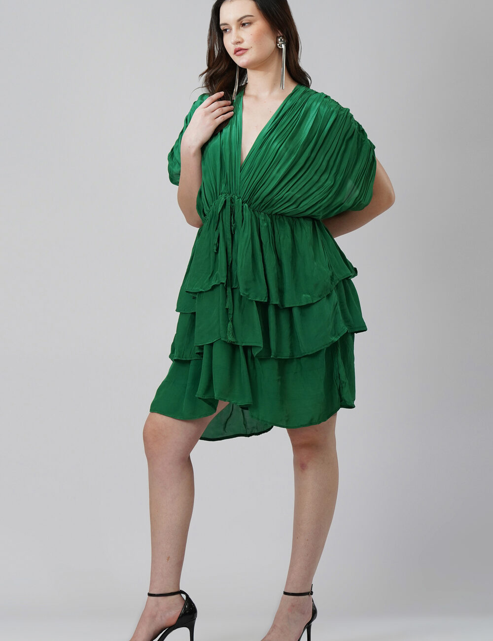 Emerald Green 3-Layered V-Neck Party Dress in Natural Crape - Image 3