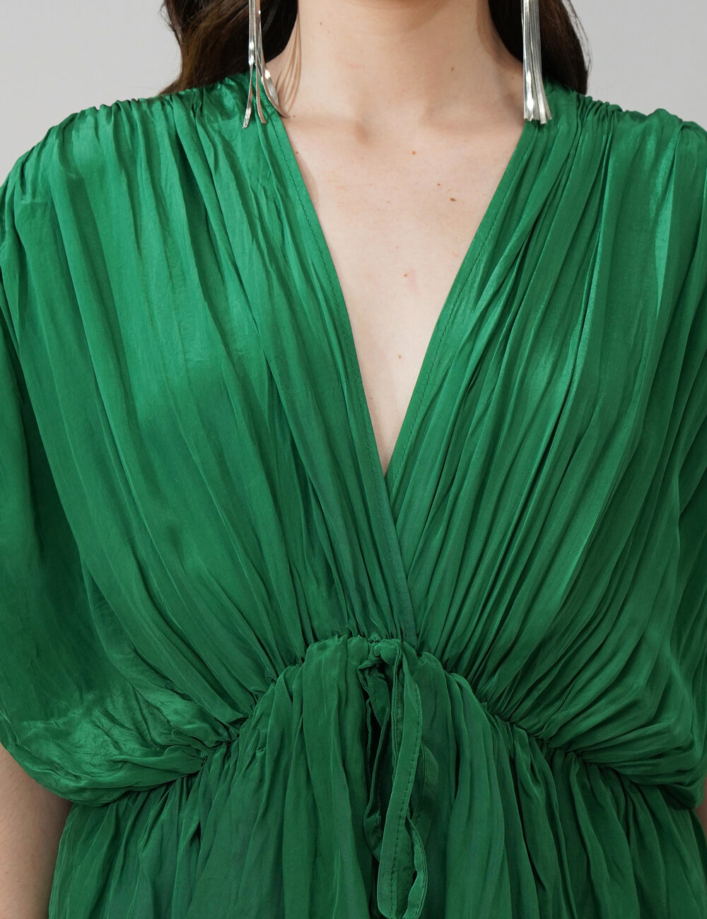 Emerald Green 3-Layered V-Neck Party Dress in Natural Crape - Image 2