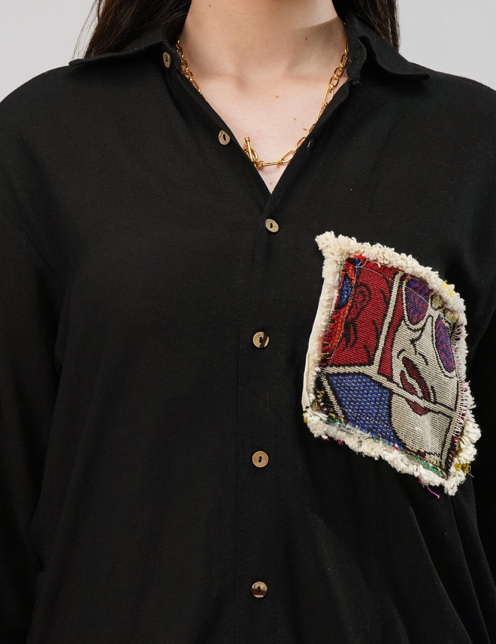 Black Shirt Dress with Handmade Jacquard Patchwork - Image 5