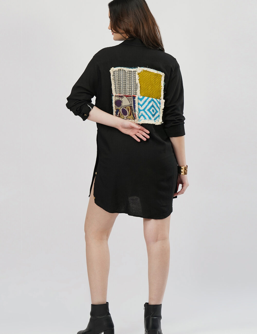 Black Shirt Dress with Handmade Jacquard Patchwork - Image 2