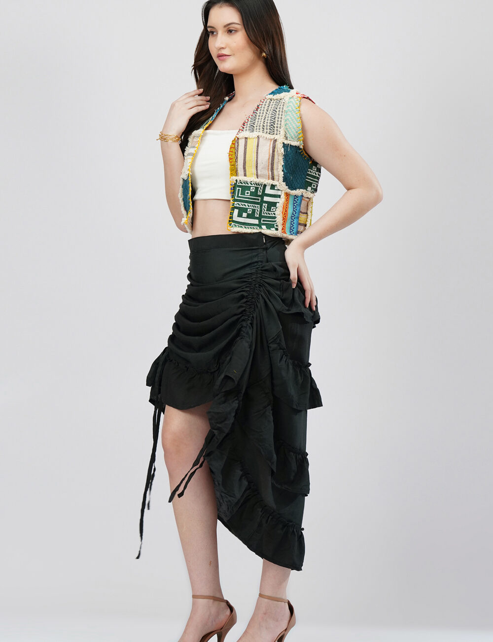 Handmade Jacquard Patchwork Open Waistcoat with Embroidery - Image 4