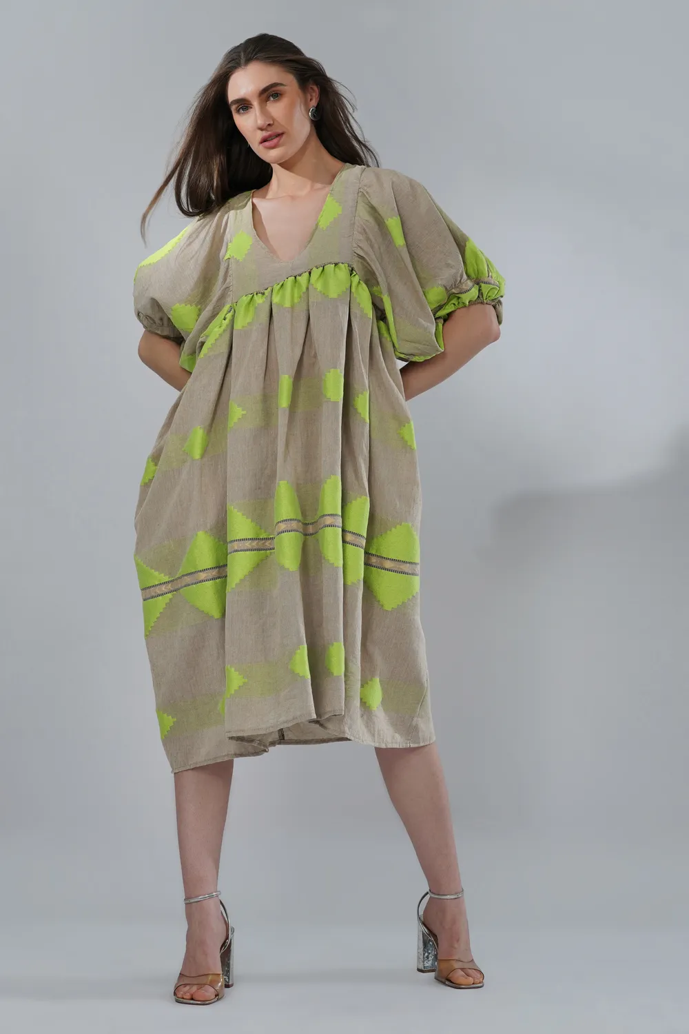 lelamer-yarn-dyed-lime-geometric-midi-dress-front