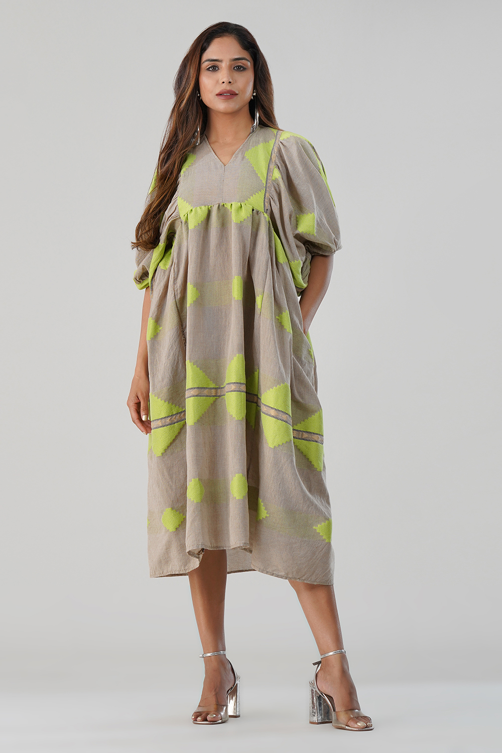 lelamer-yarn-dyed-lime-geometric-midi-dress-front