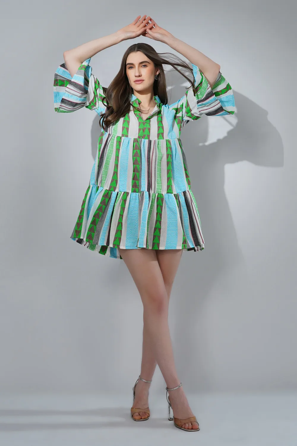 Green cotton jacquard tiered mini dress with flared sleeves for women