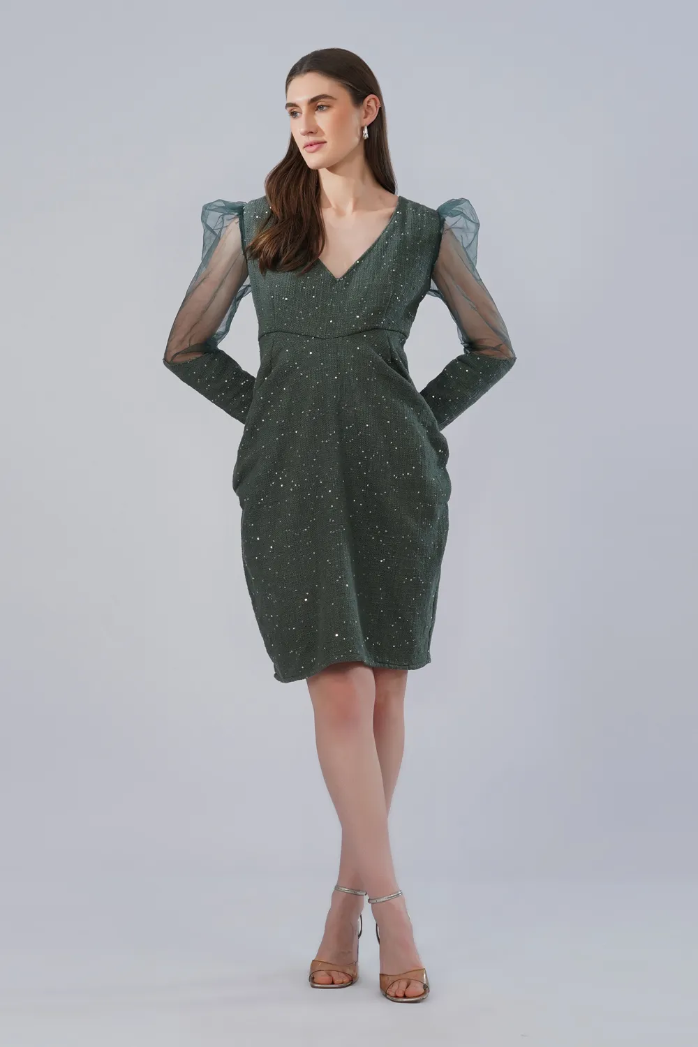 Bottle green sequin mesh party dress with sheer sleeves and elegant V-neck silhouette