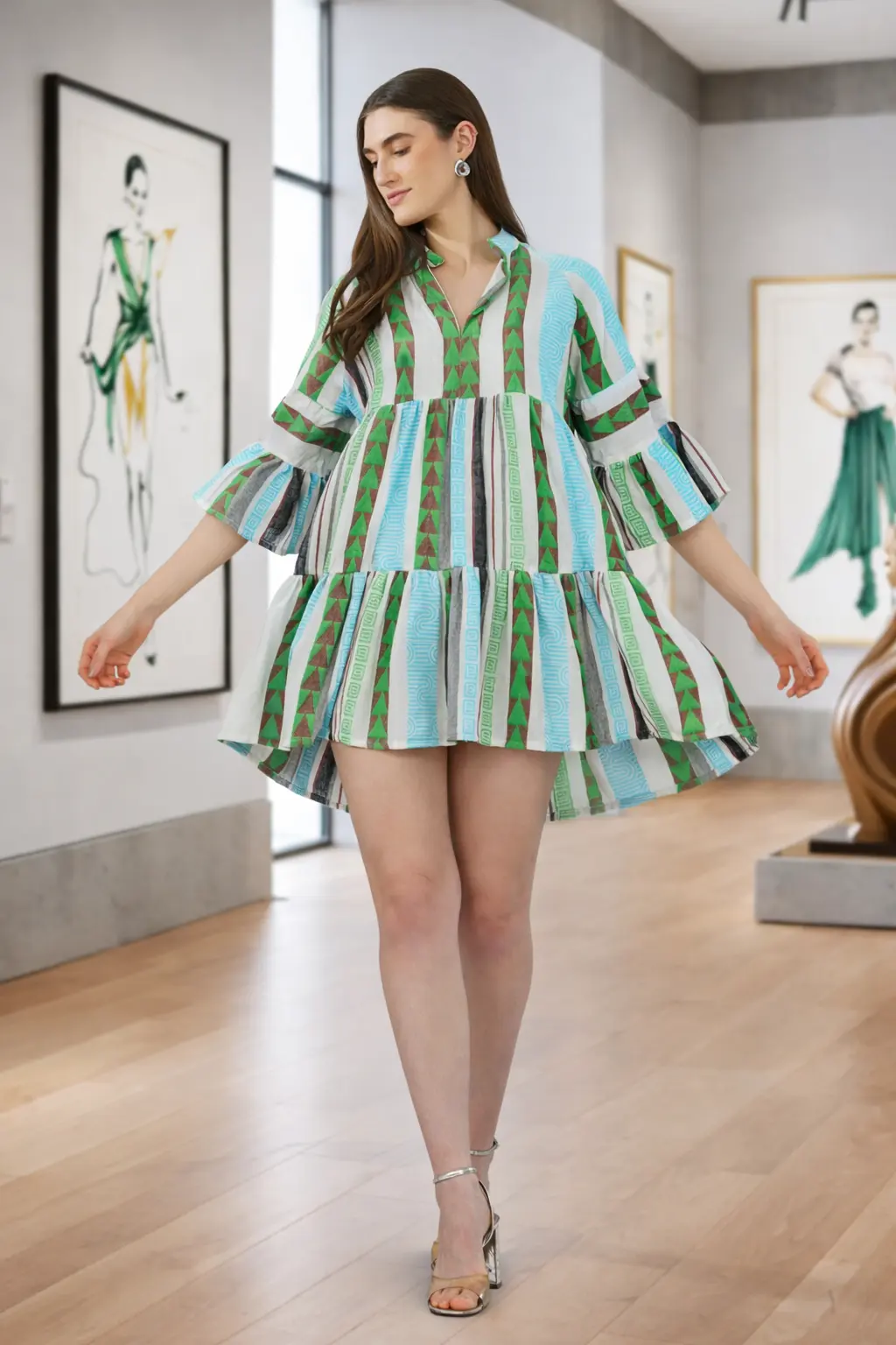 Green cotton jacquard tiered mini dress with flared sleeves for women