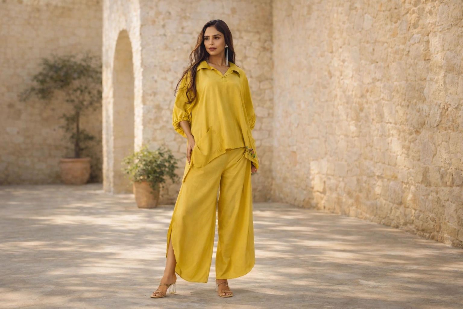 Mustard yellow cotton-linen co-ord set for women with relaxed tunic top and wide-leg pants by Lelamer